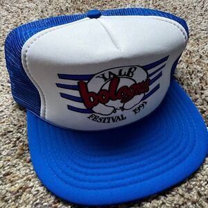Vintage 1991 Yale Bologna Festival Trucker Hat Blue White Mesh Snapback Cap 90s